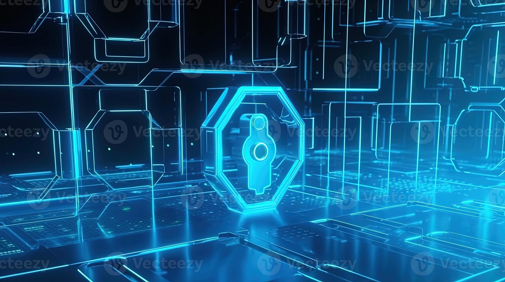 Cyber security concept with closed padlock on hexagons background 3D rendering photo