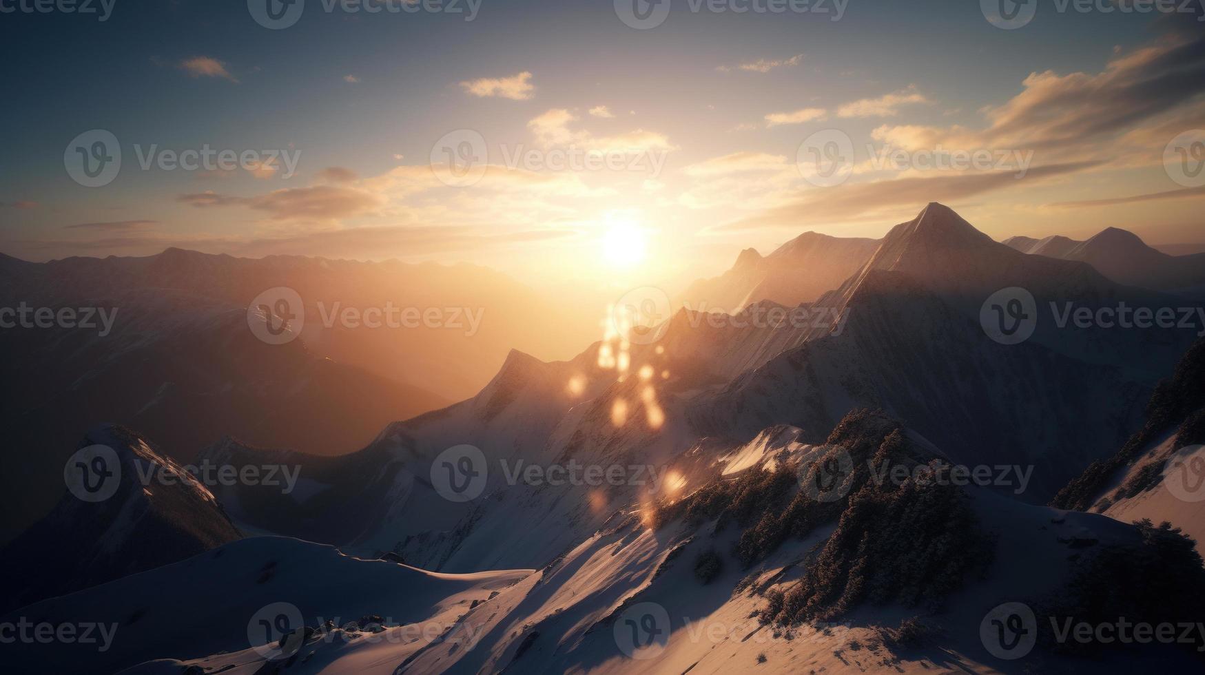 puesta de sol en el montañas. amanecer en el montañas. hermosa invierno paisaje, montaña paisaje a puesta de sol. panorámico ver de el montañas foto