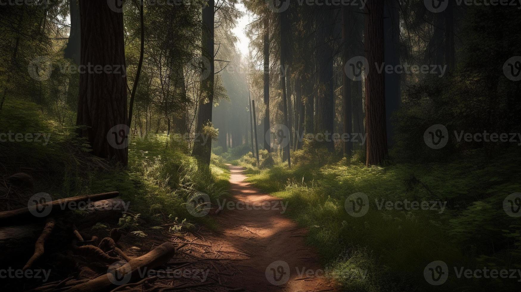 Foggy path through the forest ,Sunset in a dark forest with rays of light passing through the trees photo