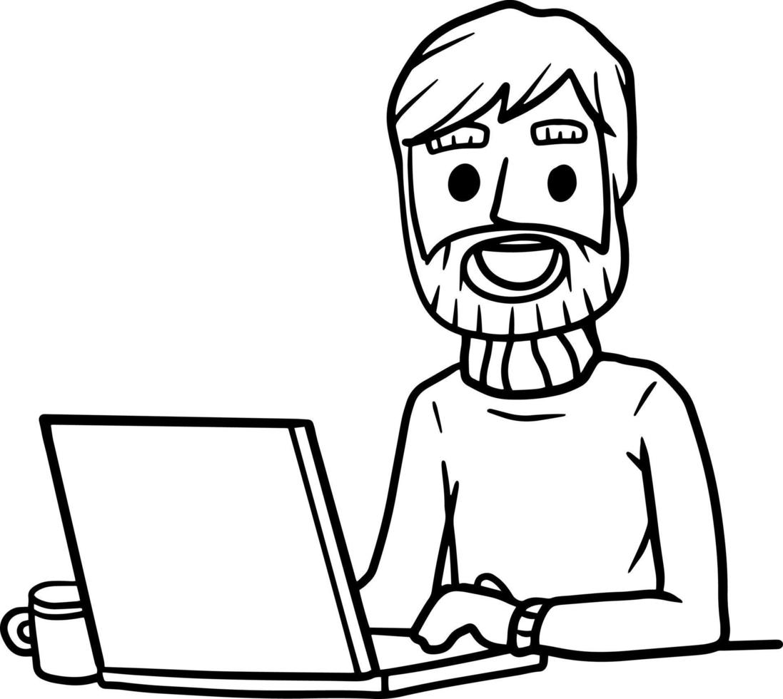 hombre sentado en la mesa con la computadora portátil. chatear con amigos en internet. trabajo como freelancer y programador. artilugio moderno. chico feliz sonriente. vector