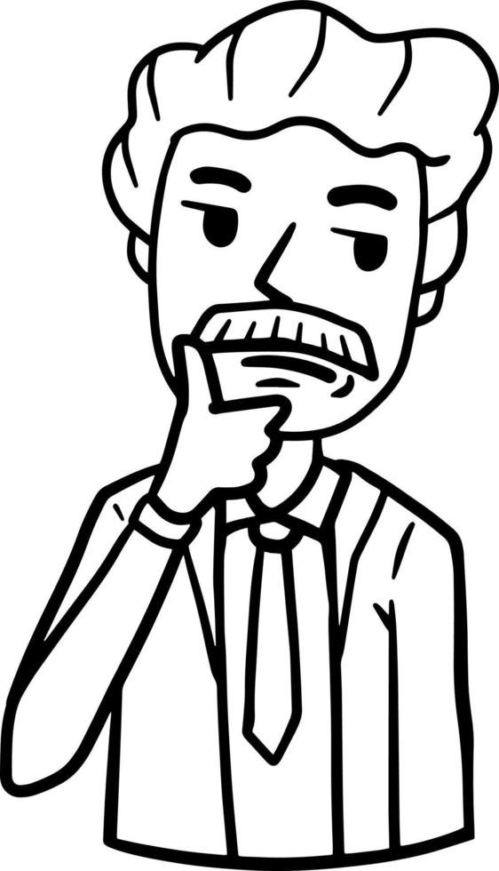 Old thoughtful man holds hand to chin. Dreamy and pensive senior. Gesture of doubt. Complex issue. Solve problems. Suspicion and distrust. Cartoon hand drawn sketch. brooding and wistful emotion vector