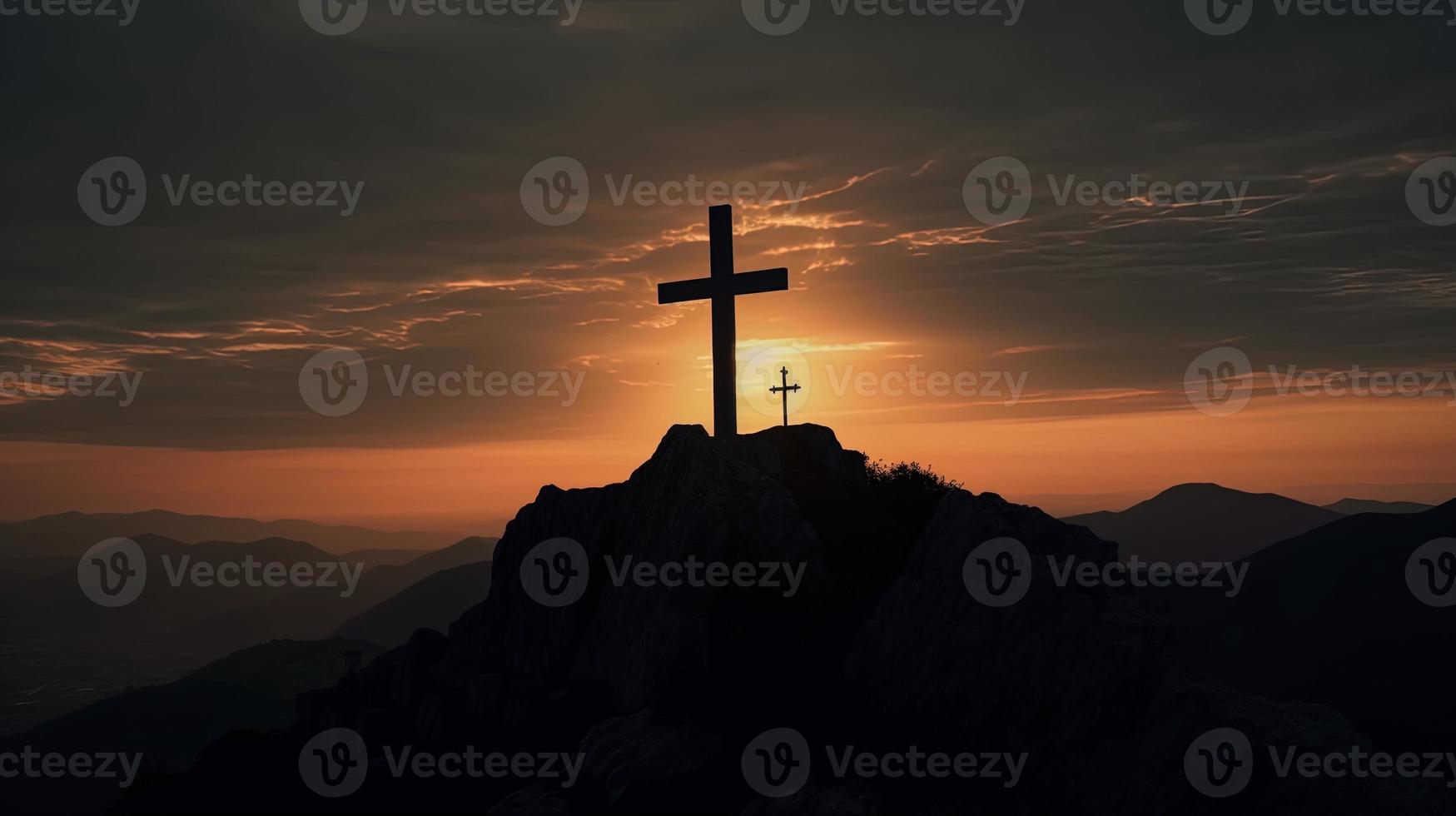 Mountain Majesty Artistic Silhouette of Crucifix Cross Against Sunset Sky photo
