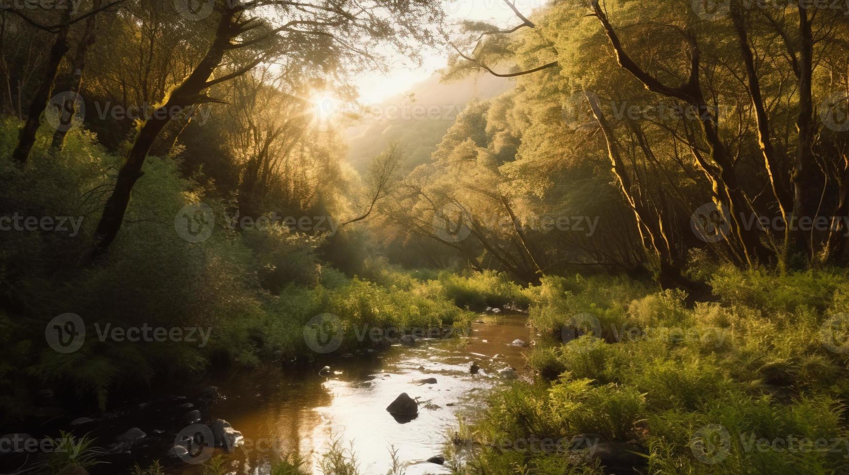 un pacífico bosque claro bañado en calentar luz de sol, rodeado por alto arboles y lozano follaje, con un amable corriente goteando mediante el maleza y un distante montaña rango visible foto