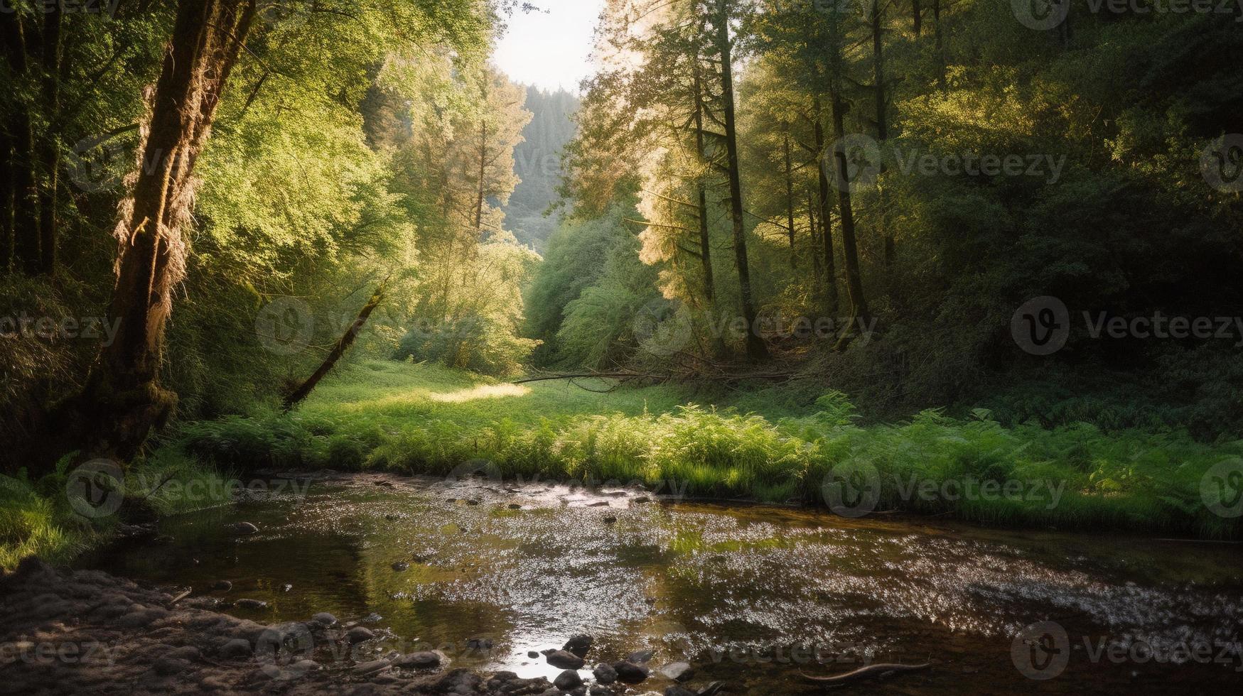 A peaceful forest clearing bathed in warm sunlight, surrounded by tall trees and lush foliage, with a gentle stream trickling through the undergrowth and a distant mountain range visible photo