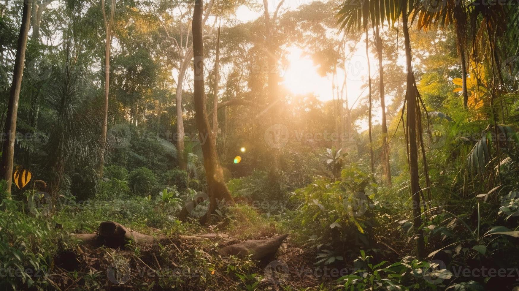 A peaceful forest clearing bathed in warm sunlight, surrounded by tall trees and lush foliage, with a gentle stream trickling through the undergrowth and a distant mountain range visible photo