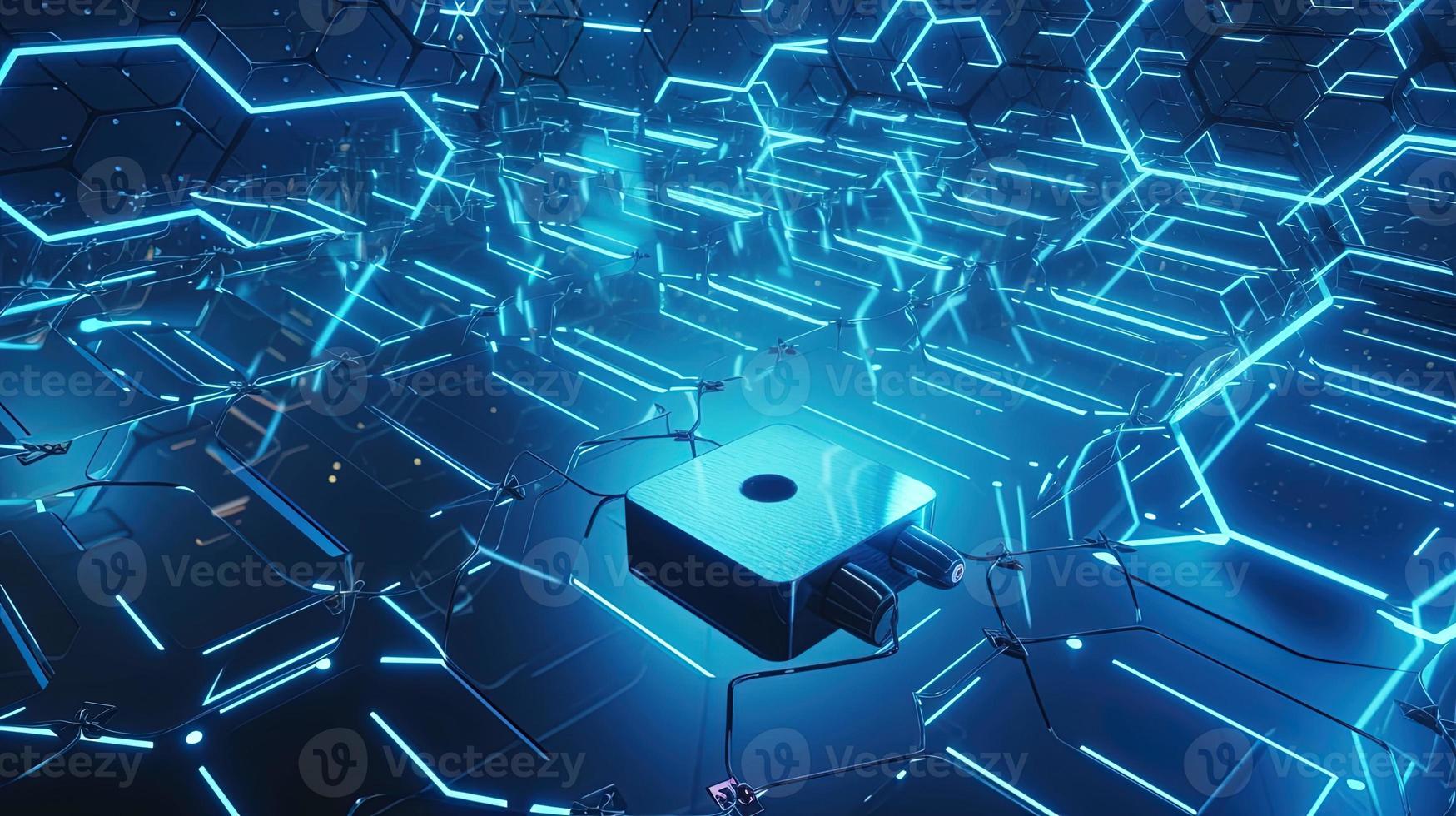 Cyber security concept with closed padlock on hexagons background 3D rendering photo