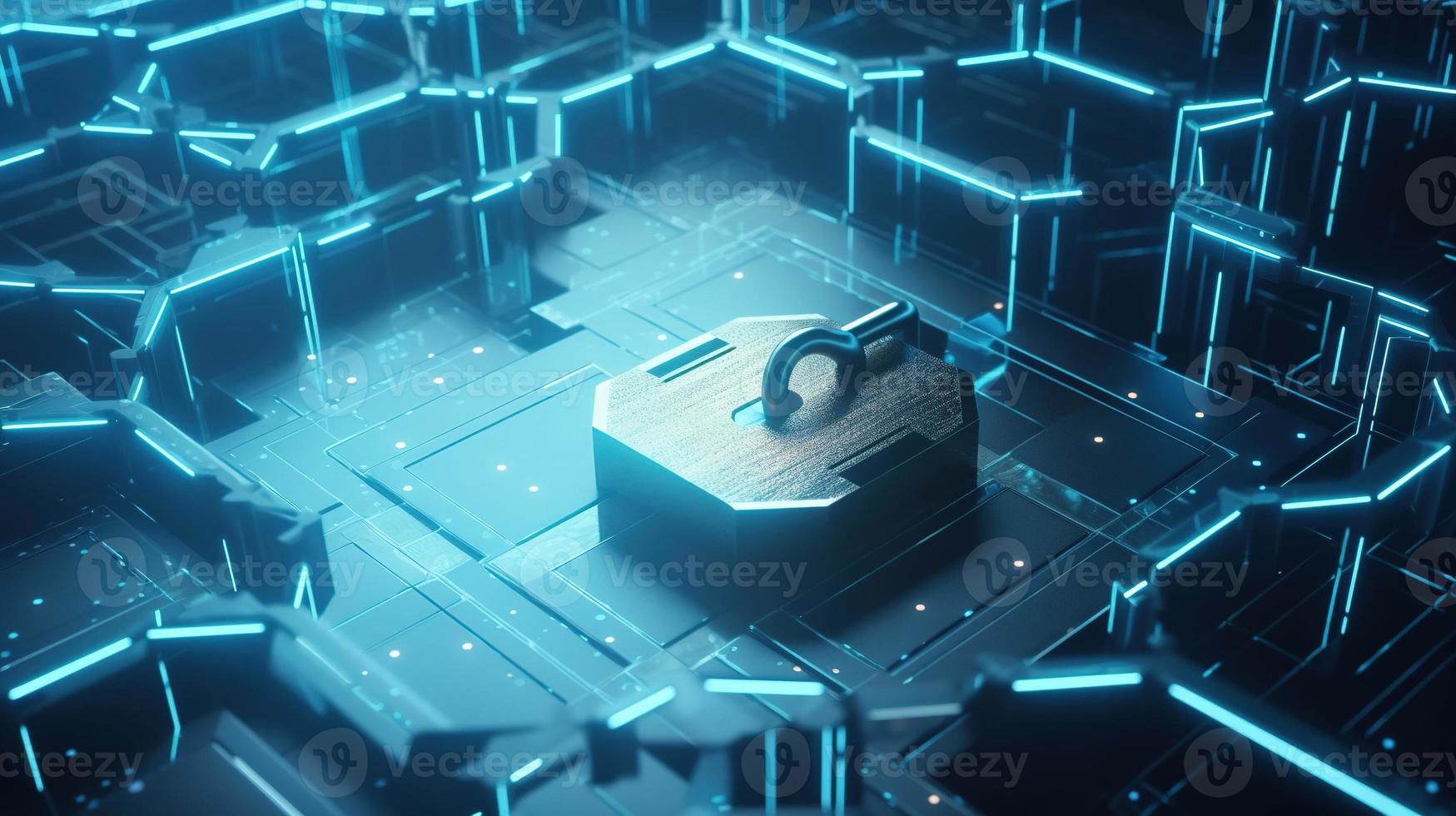 Cyber security concept with closed padlock on hexagons background 3D rendering photo