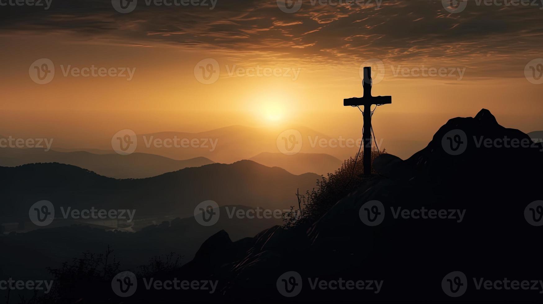 Mountain Majesty Artistic Silhouette of Crucifix Cross Against Sunset Sky photo