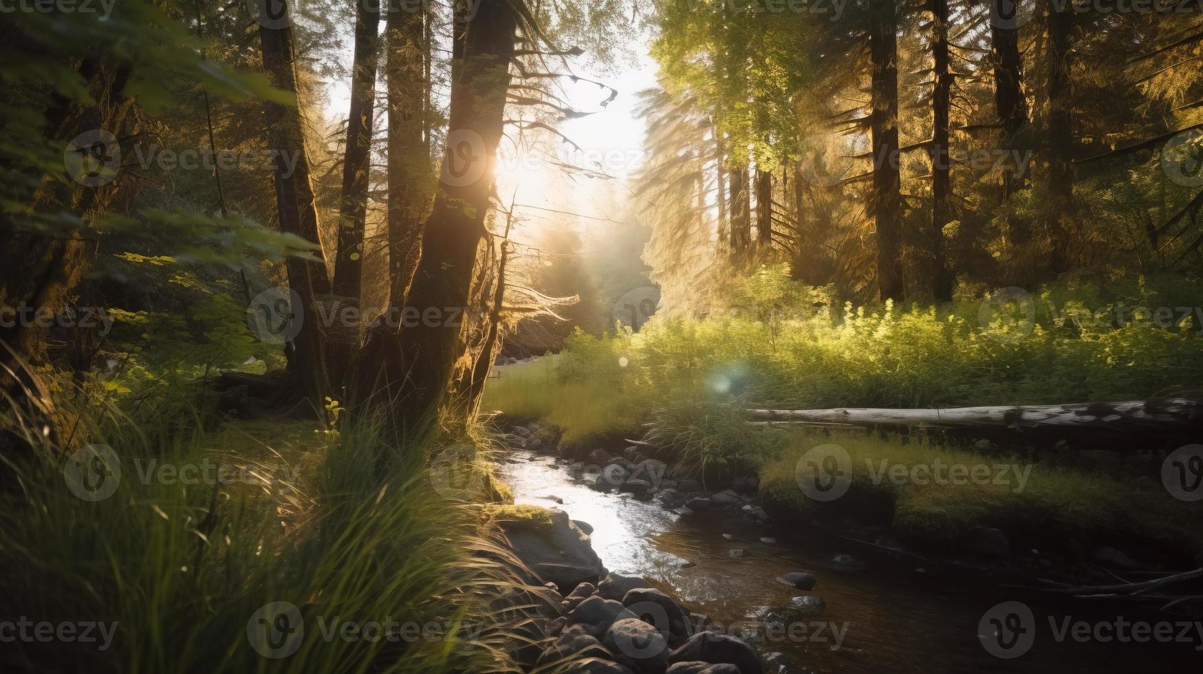 A peaceful forest clearing bathed in warm sunlight, surrounded by tall trees and lush foliage, with a gentle stream trickling through the undergrowth and a distant mountain range visible photo