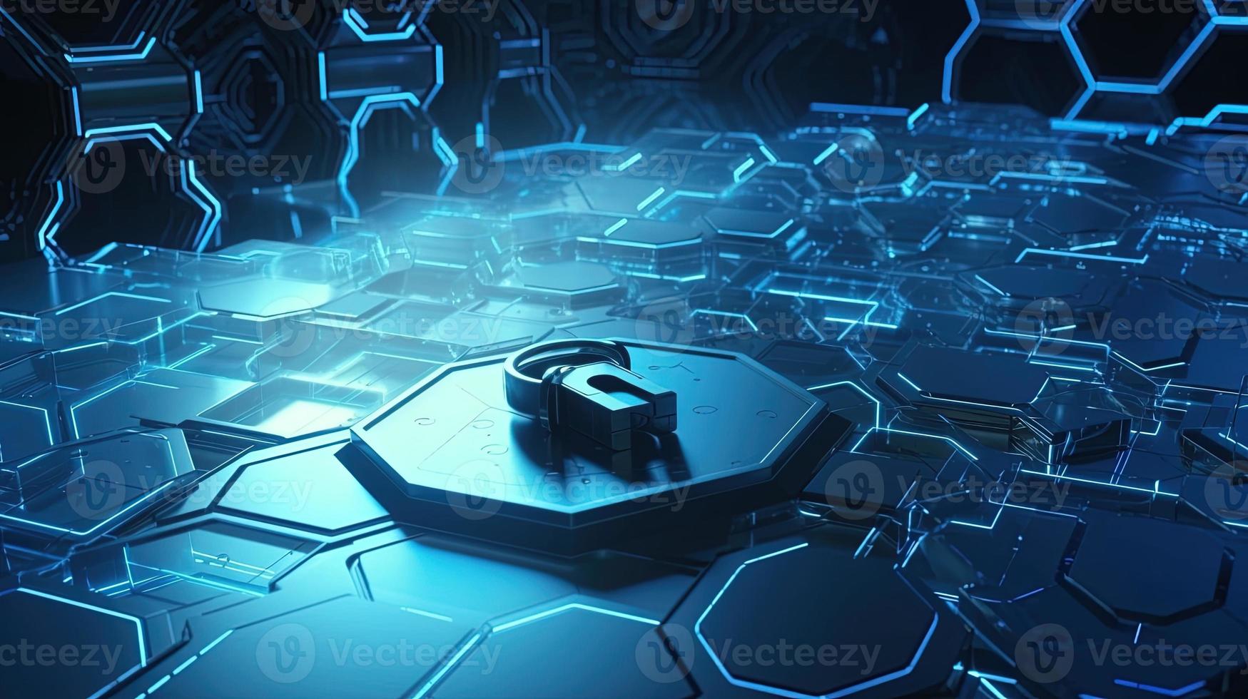 Cyber security concept with closed padlock on hexagons background 3D rendering photo