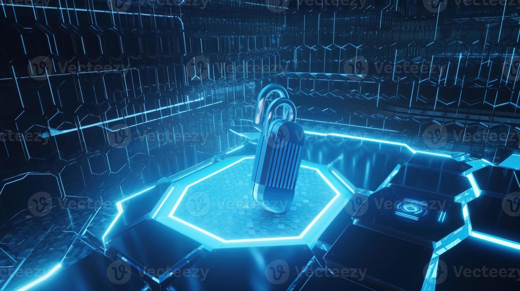 Cyber security concept with closed padlock on hexagons background 3D rendering photo