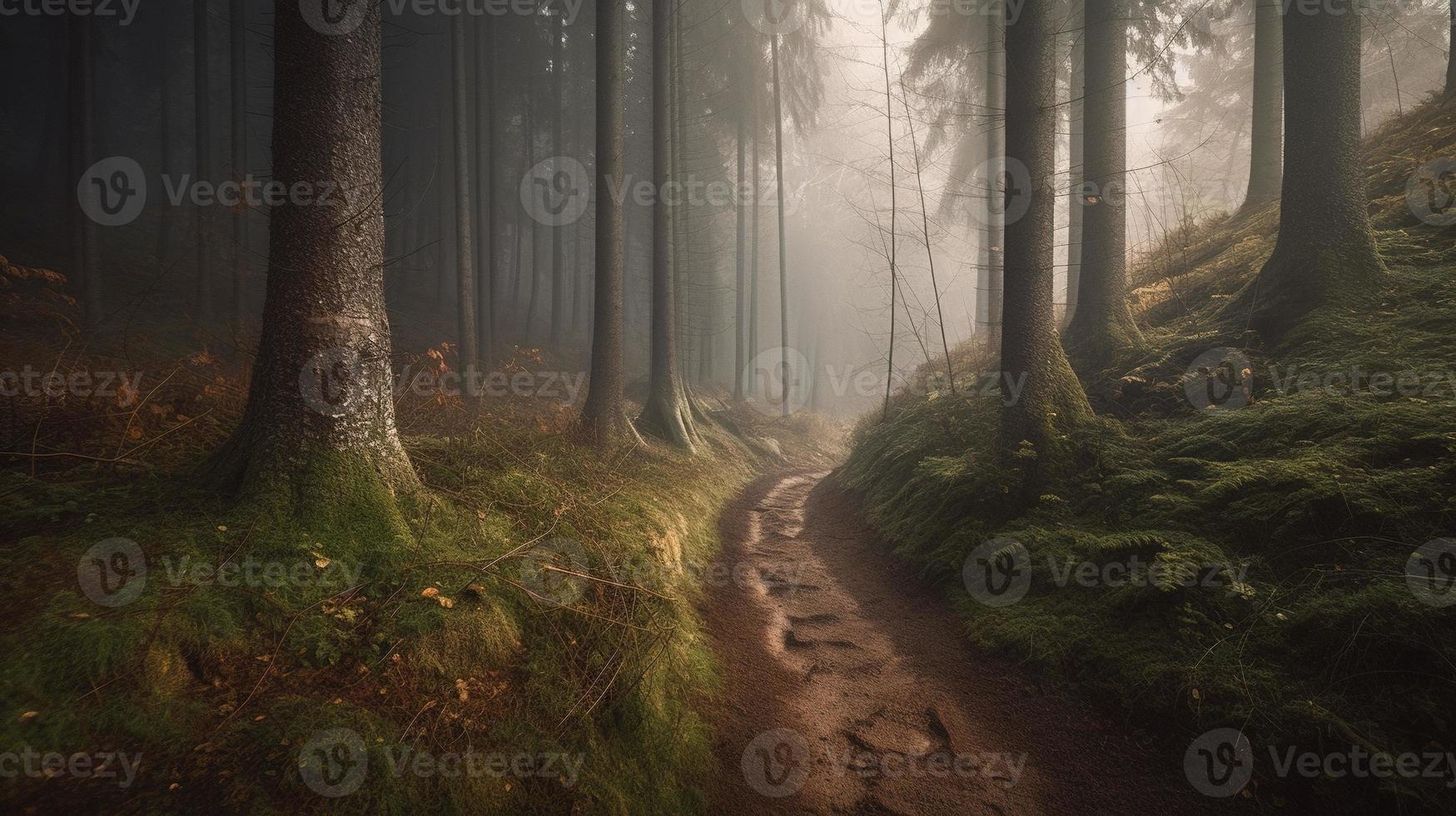 brumoso camino mediante el bosque ,atardecer en un oscuro bosque con rayos de ligero paso mediante el arboles foto