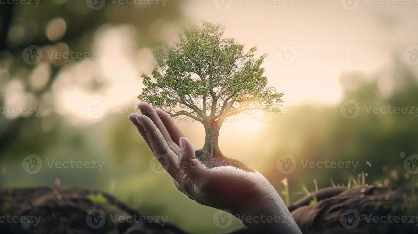 Artistic Hands Embrace Nature's Beauty Holding Tree Over Blurred Background photo