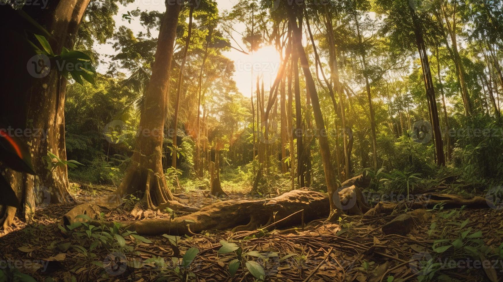 A peaceful forest clearing bathed in warm sunlight, surrounded by tall trees and lush foliage, with a gentle stream trickling through the undergrowth and a distant mountain range visible photo