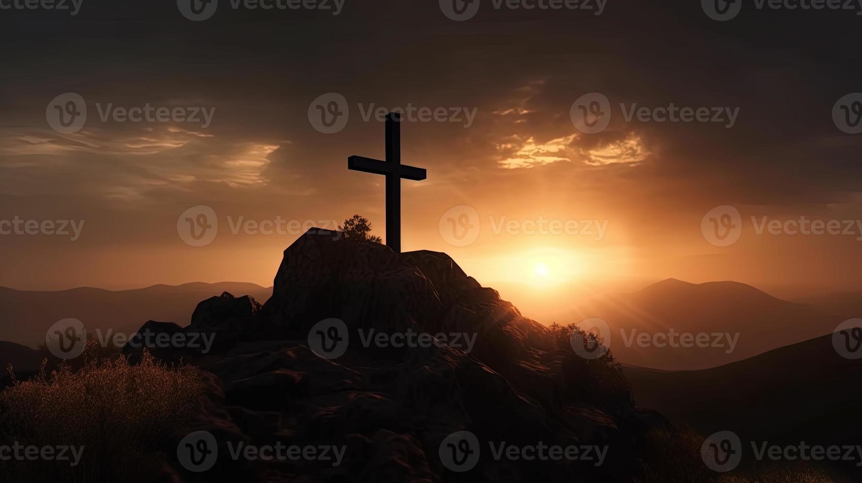 Mountain Majesty Artistic Silhouette of Crucifix Cross Against Sunset Sky photo