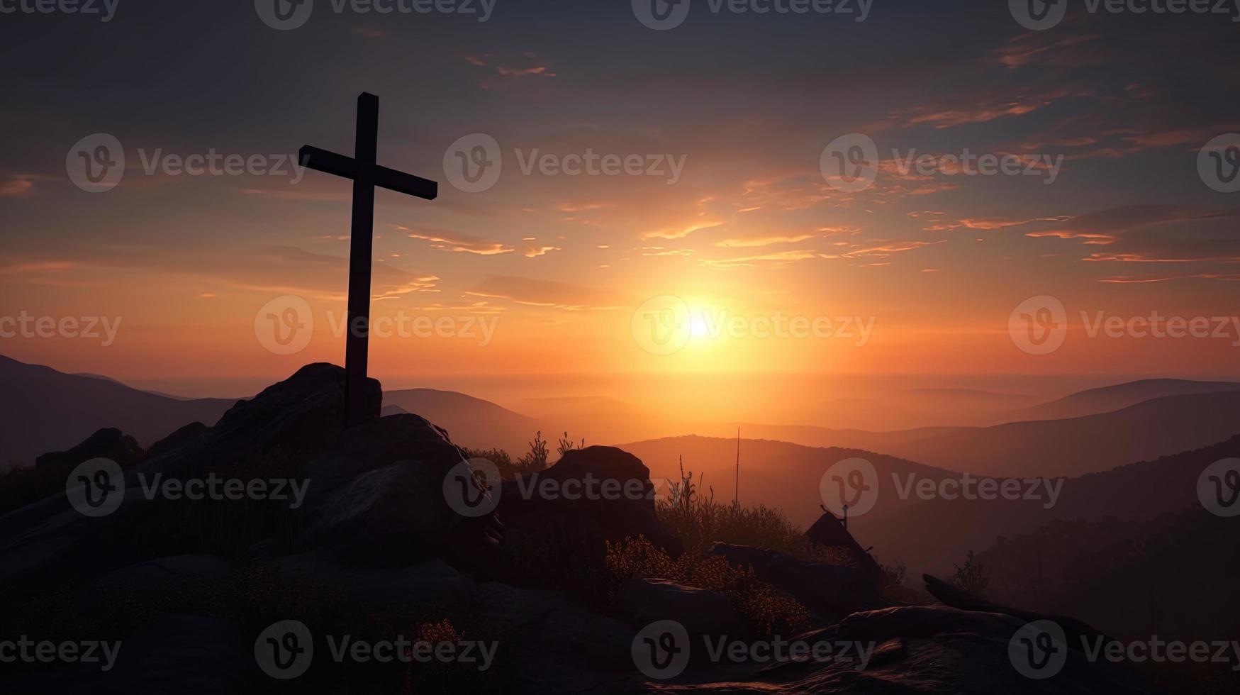 Mountain Majesty Artistic Silhouette of Crucifix Cross Against Sunset Sky photo