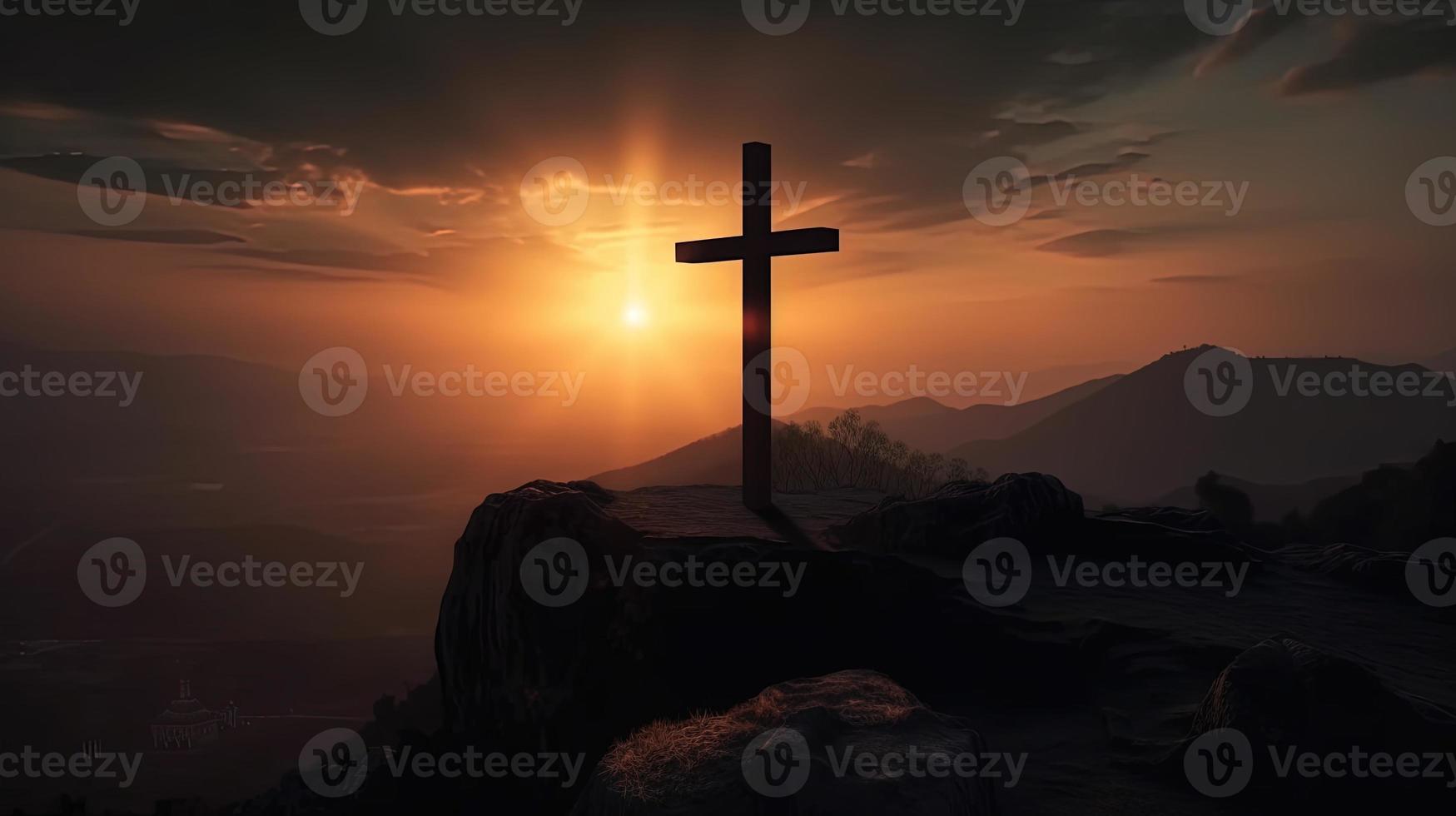 Mountain Majesty Artistic Silhouette of Crucifix Cross Against Sunset Sky photo