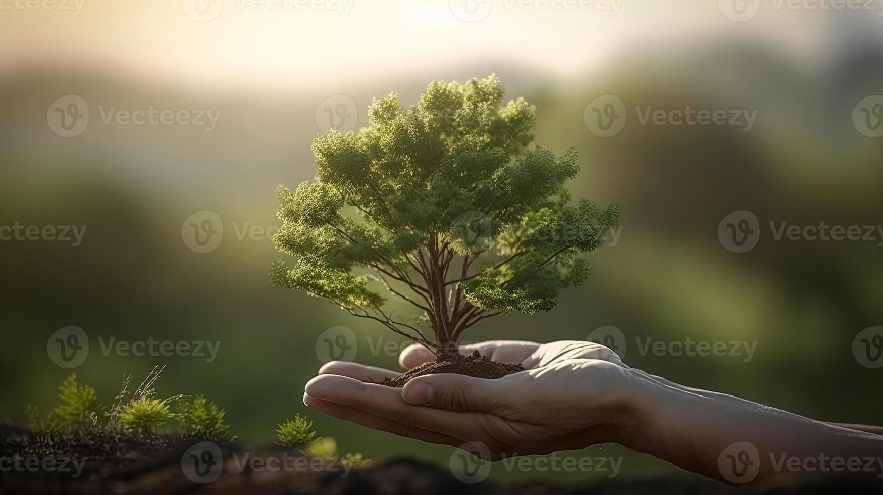 Artistic Hands Embrace Nature's Beauty Holding Tree Over Blurred Background photo