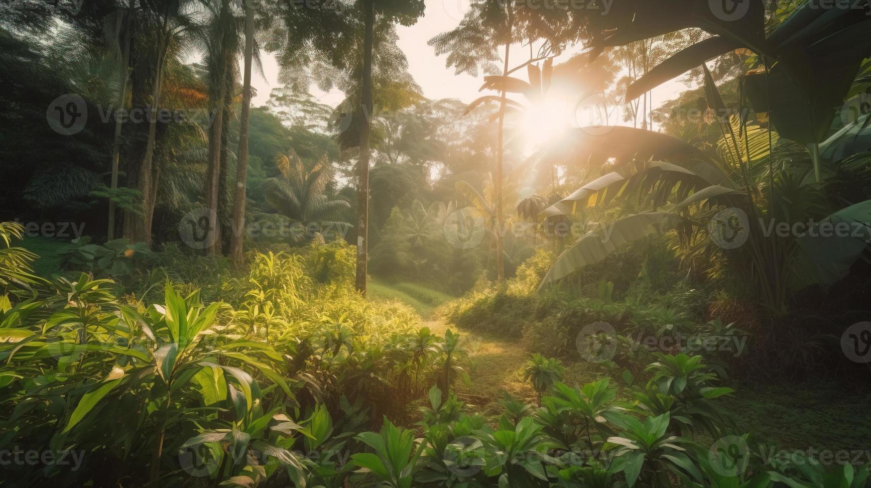 A peaceful forest clearing bathed in warm sunlight, surrounded by tall trees and lush foliage, with a gentle stream trickling through the undergrowth and a distant mountain range visible photo