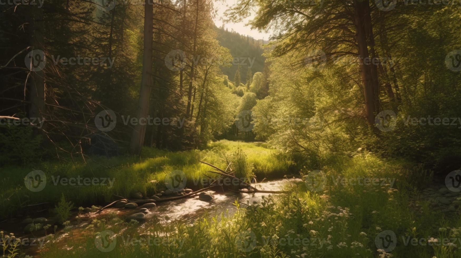 A peaceful forest clearing bathed in warm sunlight, surrounded by tall trees and lush foliage, with a gentle stream trickling through the undergrowth and a distant mountain range visible photo