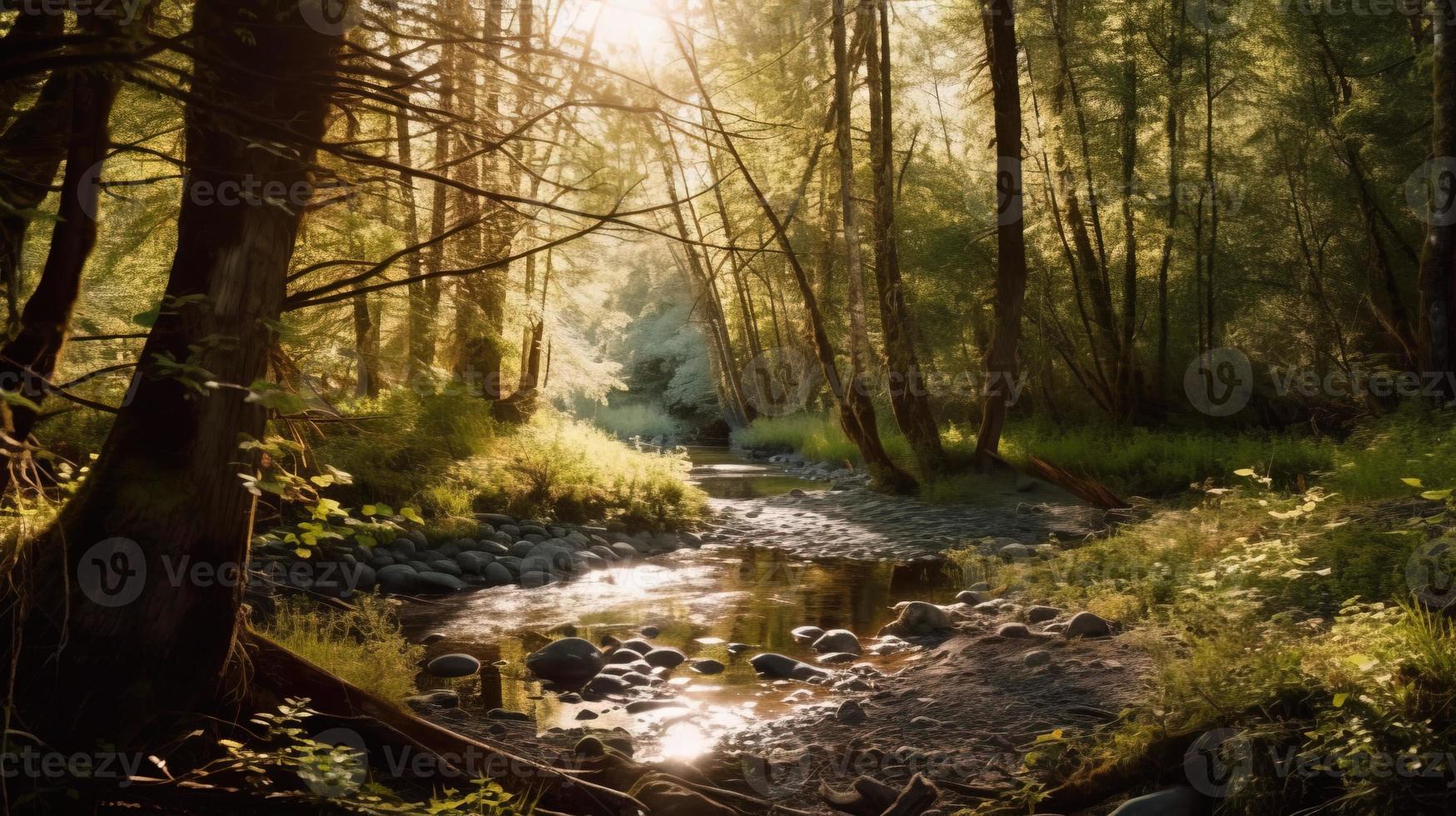 A peaceful forest clearing bathed in warm sunlight, surrounded by tall trees and lush foliage, with a gentle stream trickling through the undergrowth and a distant mountain range visible photo