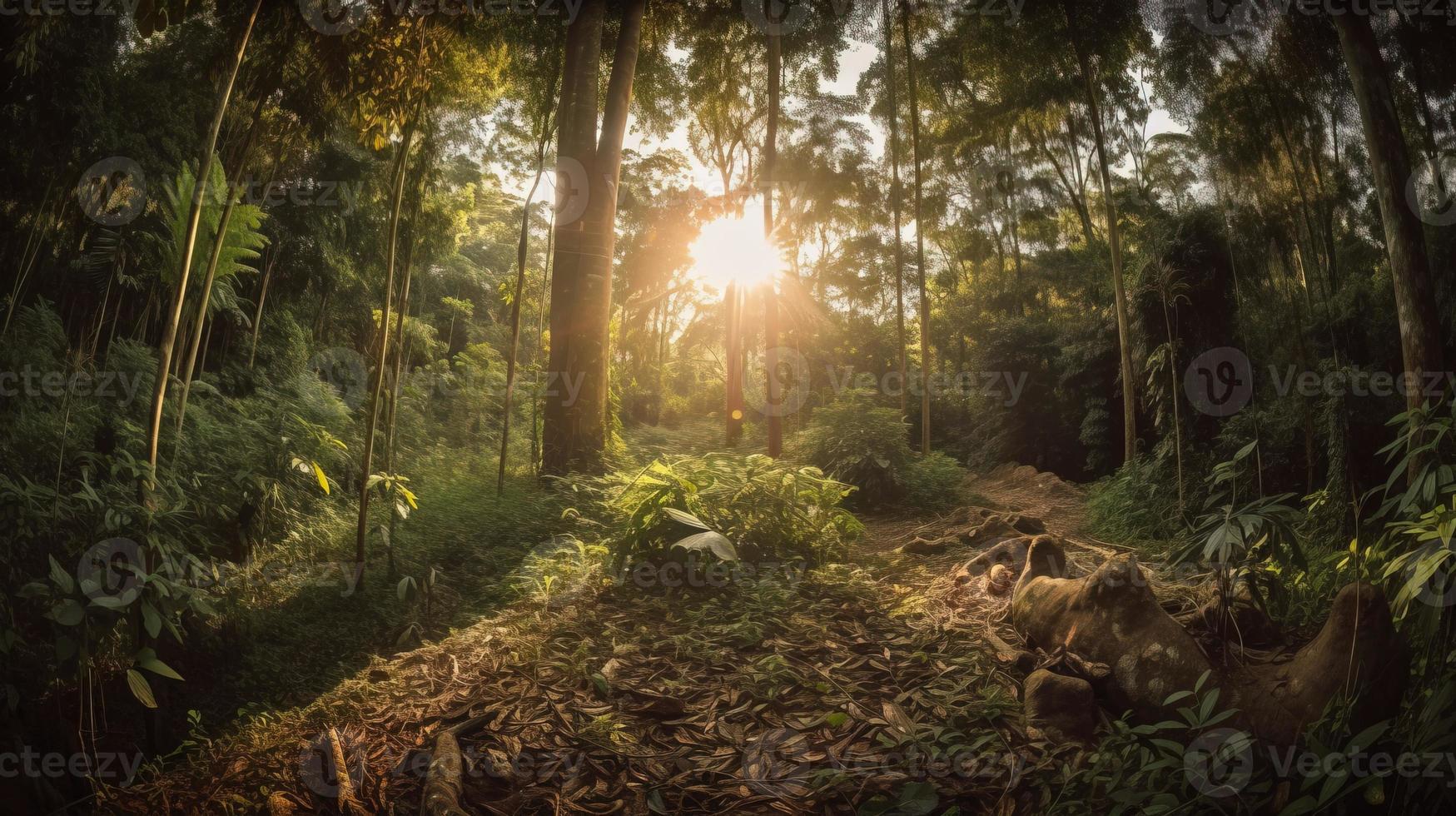 A peaceful forest clearing bathed in warm sunlight, surrounded by tall trees and lush foliage, with a gentle stream trickling through the undergrowth and a distant mountain range visible photo