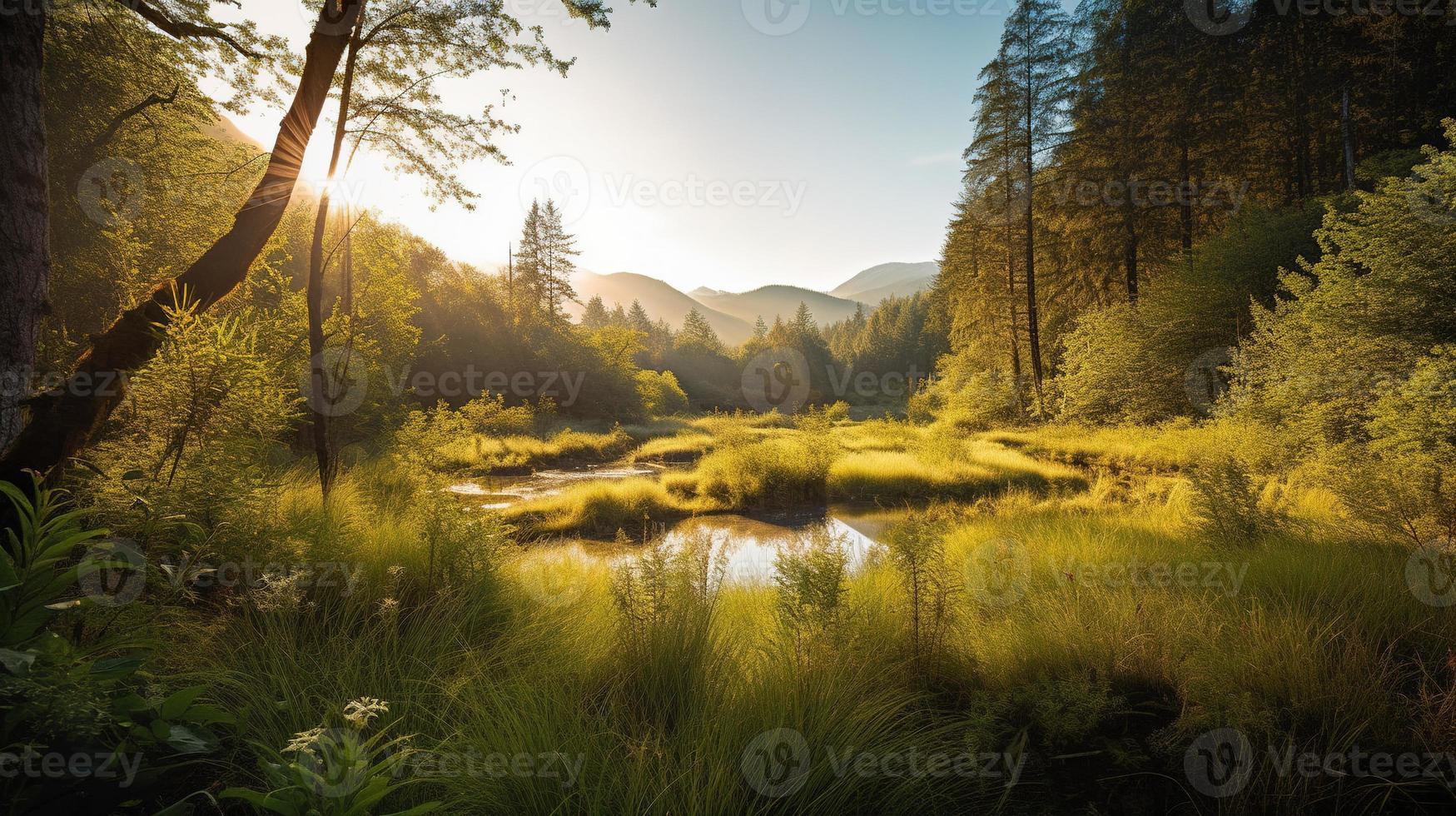 A peaceful forest clearing bathed in warm sunlight, surrounded by tall trees and lush foliage, with a gentle stream trickling through the undergrowth and a distant mountain range visible photo