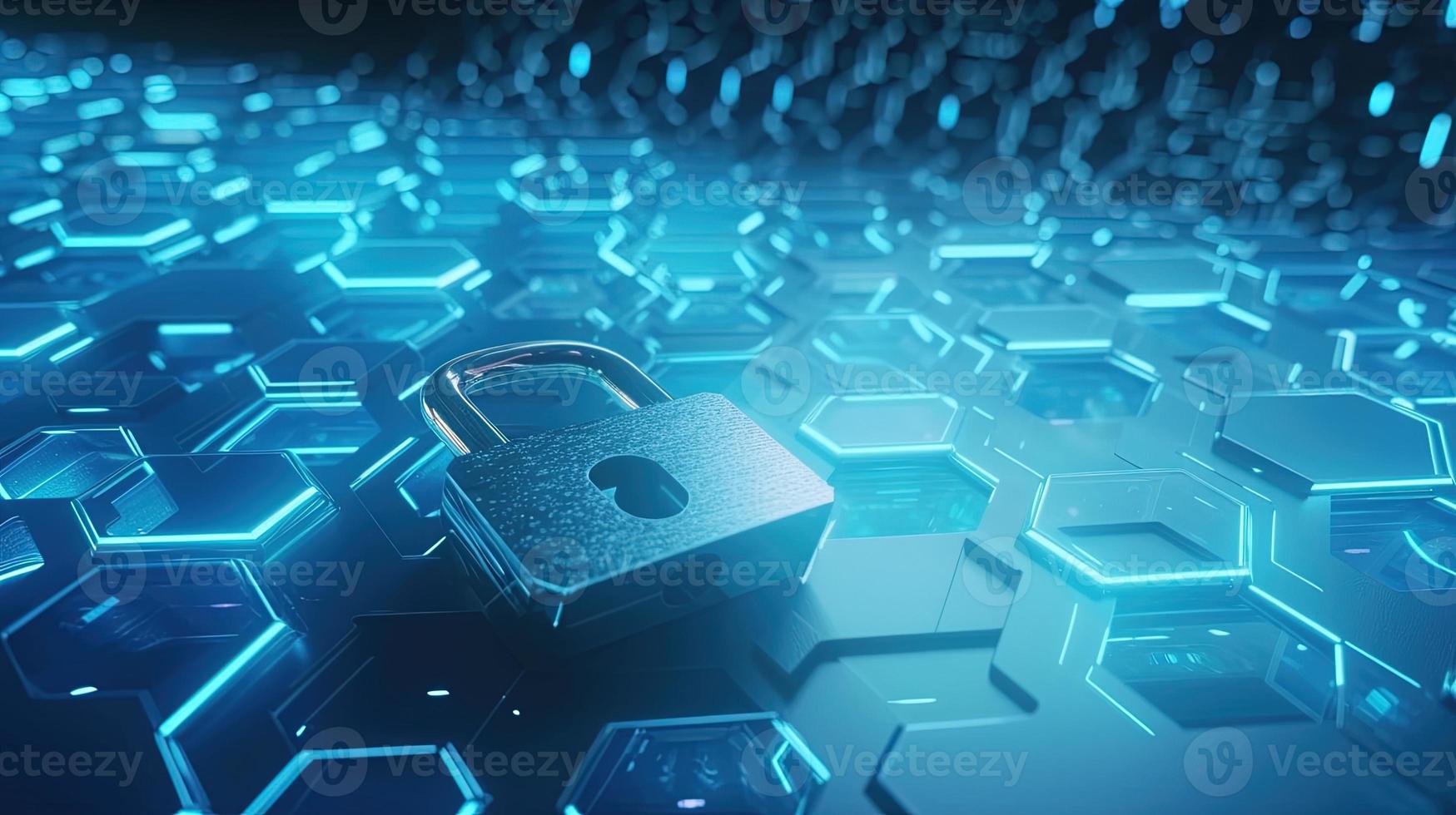 Cyber security concept with closed padlock on hexagons background 3D rendering photo
