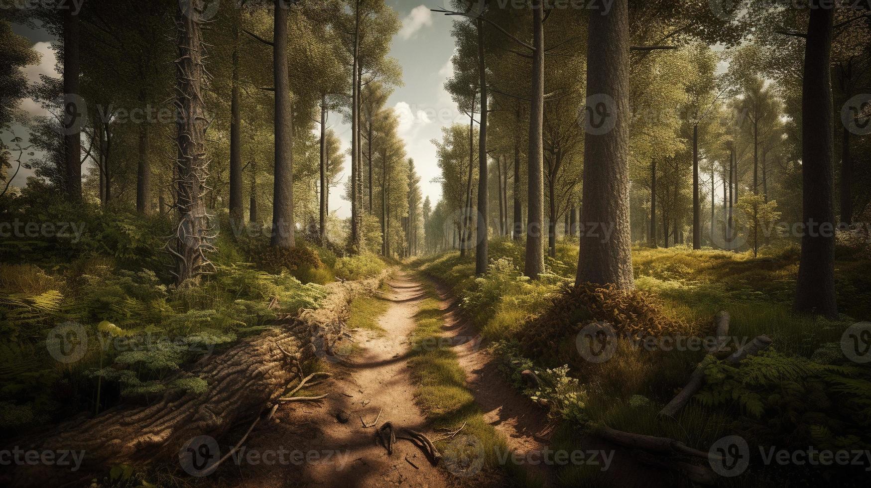 Foggy path through the forest ,Sunset in a dark forest with rays of light passing through the trees photo