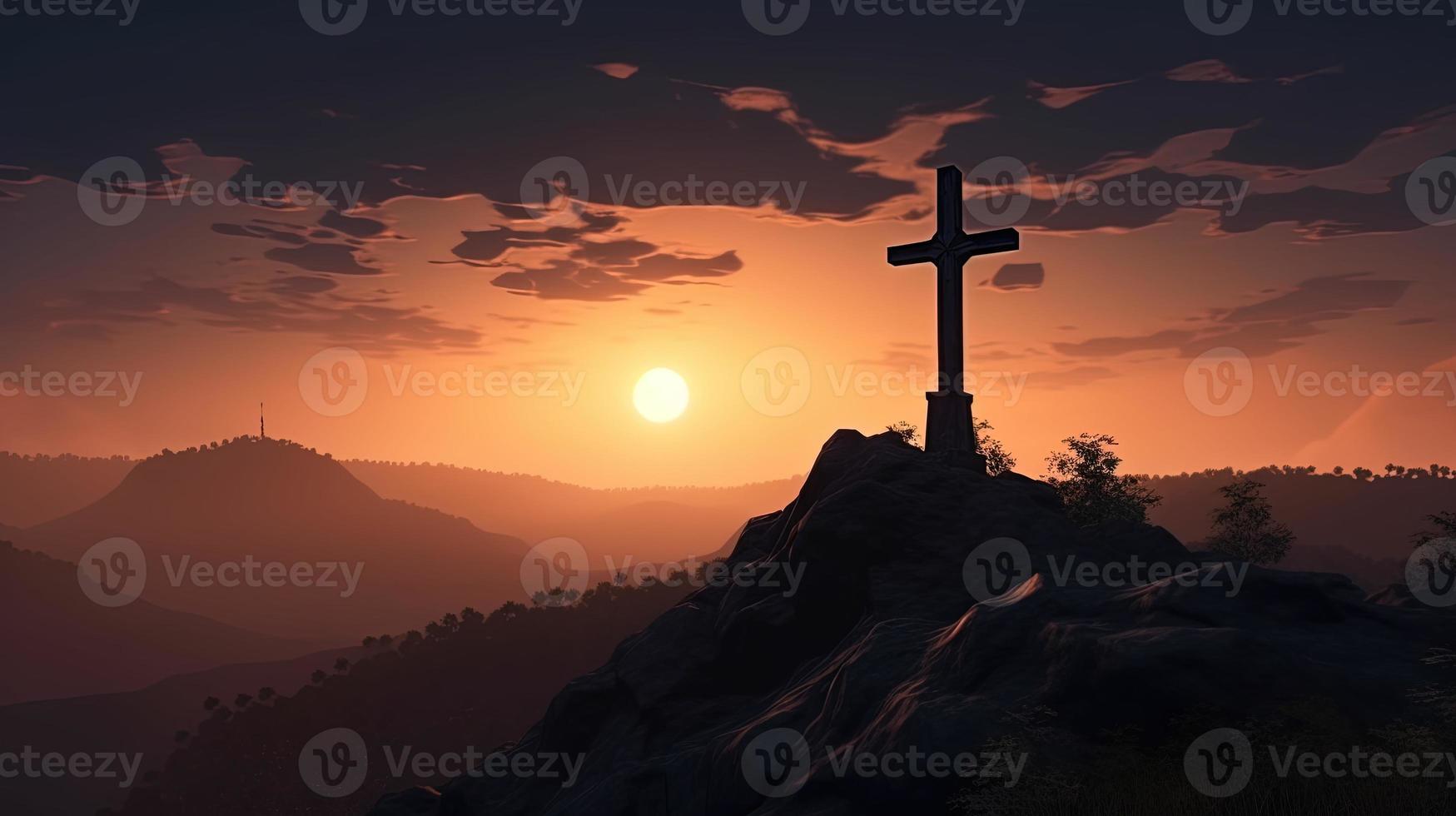 Mountain Majesty Artistic Silhouette of Crucifix Cross Against Sunset Sky photo