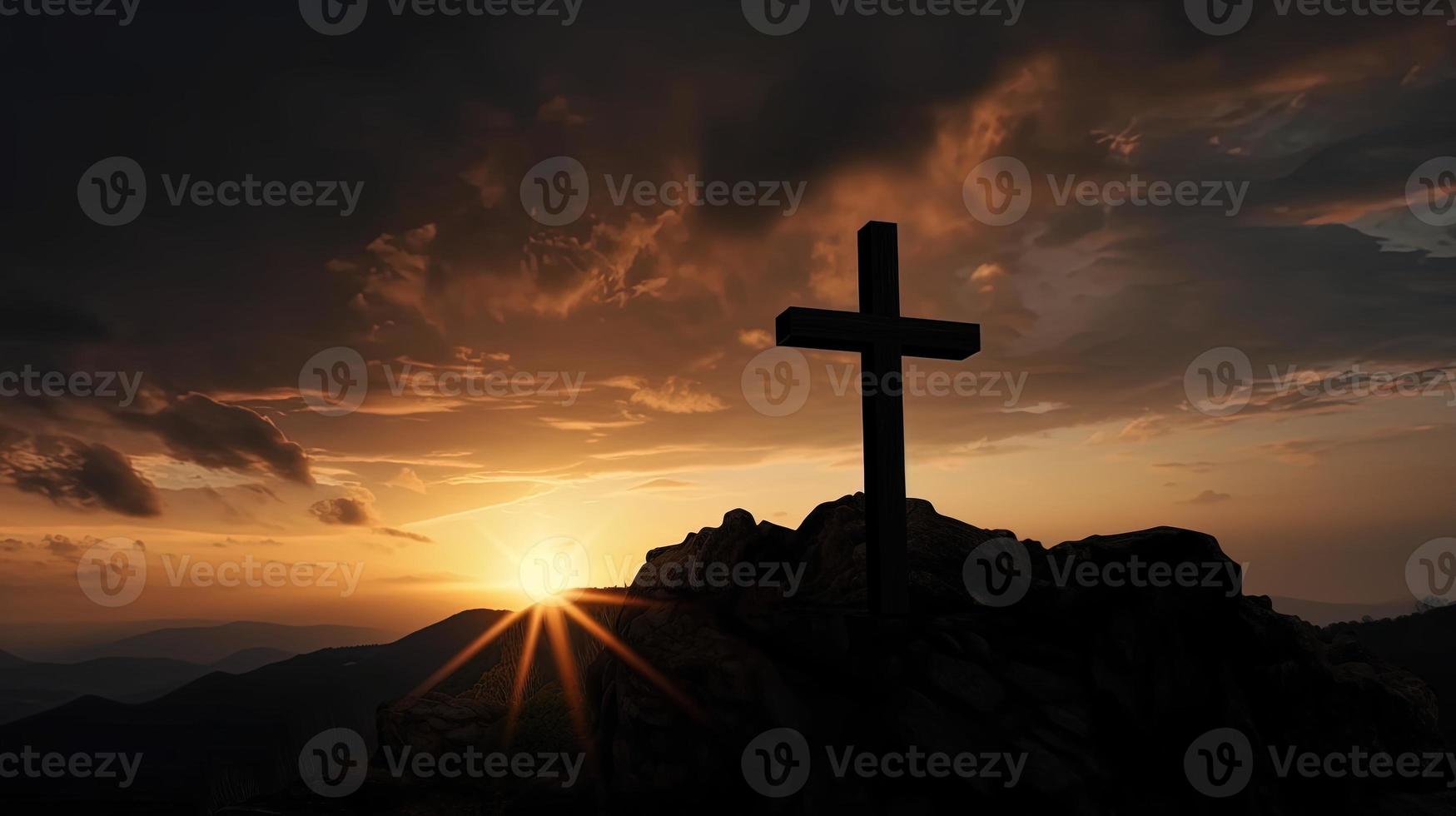 Mountain Majesty Artistic Silhouette of Crucifix Cross Against Sunset Sky photo