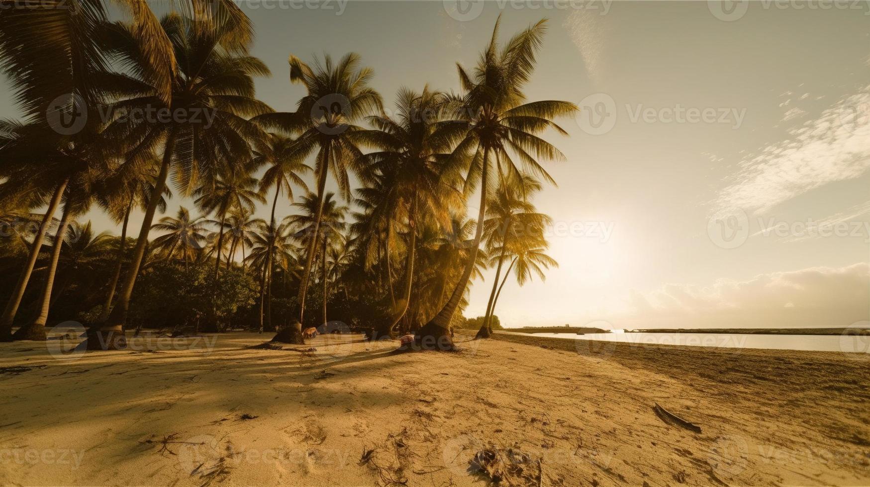 tropical paraíso o Coco palma playa o blanco arena laguna foto