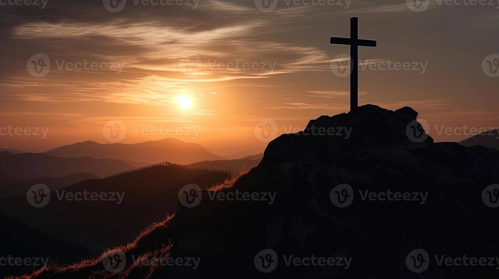 Mountain Majesty Artistic Silhouette of Crucifix Cross Against Sunset Sky photo