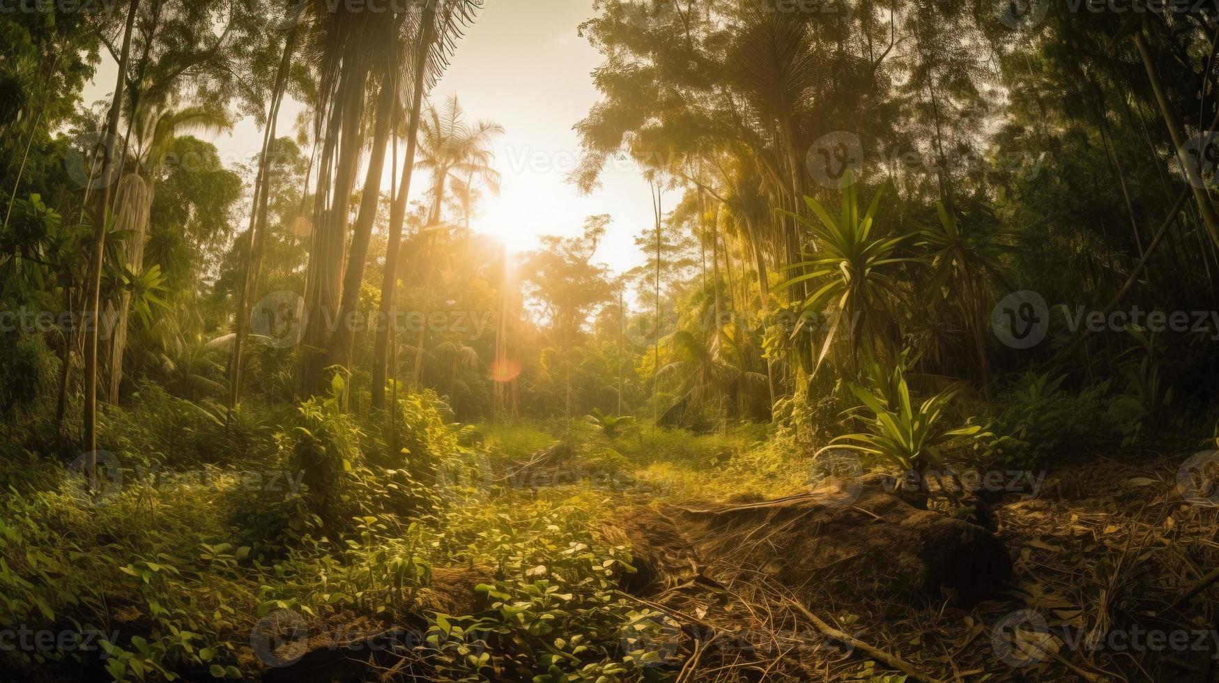 A peaceful forest clearing bathed in warm sunlight, surrounded by tall trees and lush foliage, with a gentle stream trickling through the undergrowth and a distant mountain range visible photo