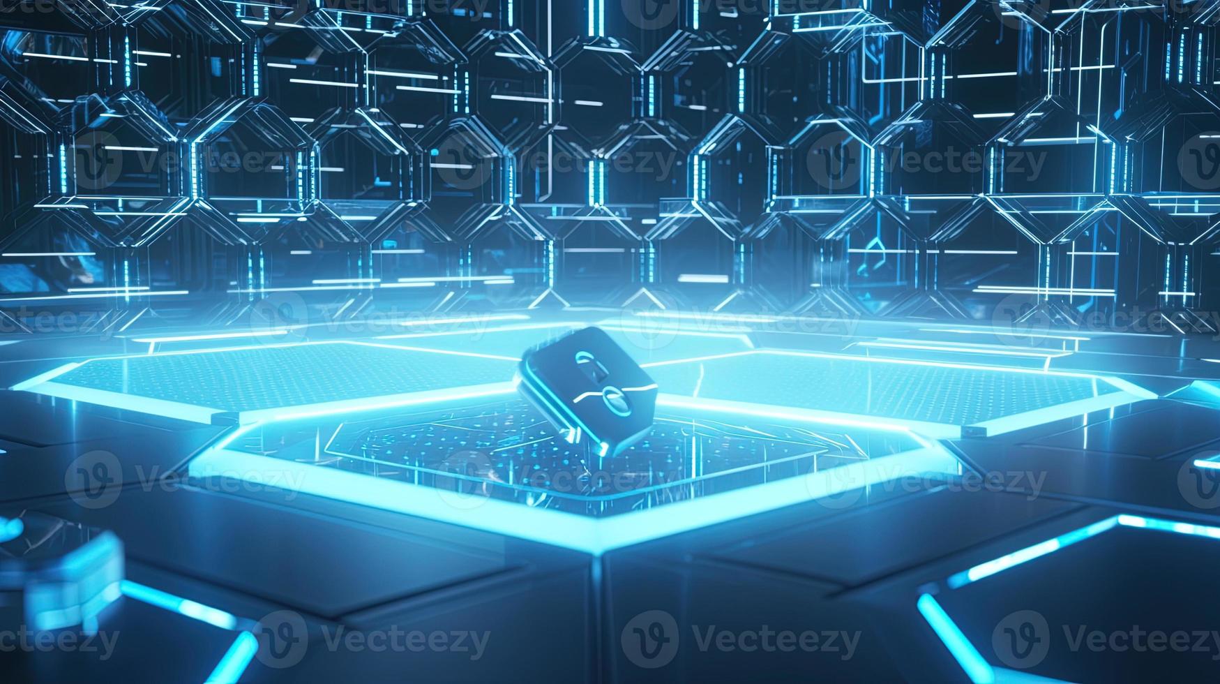 Cyber security concept with closed padlock on hexagons background 3D rendering photo