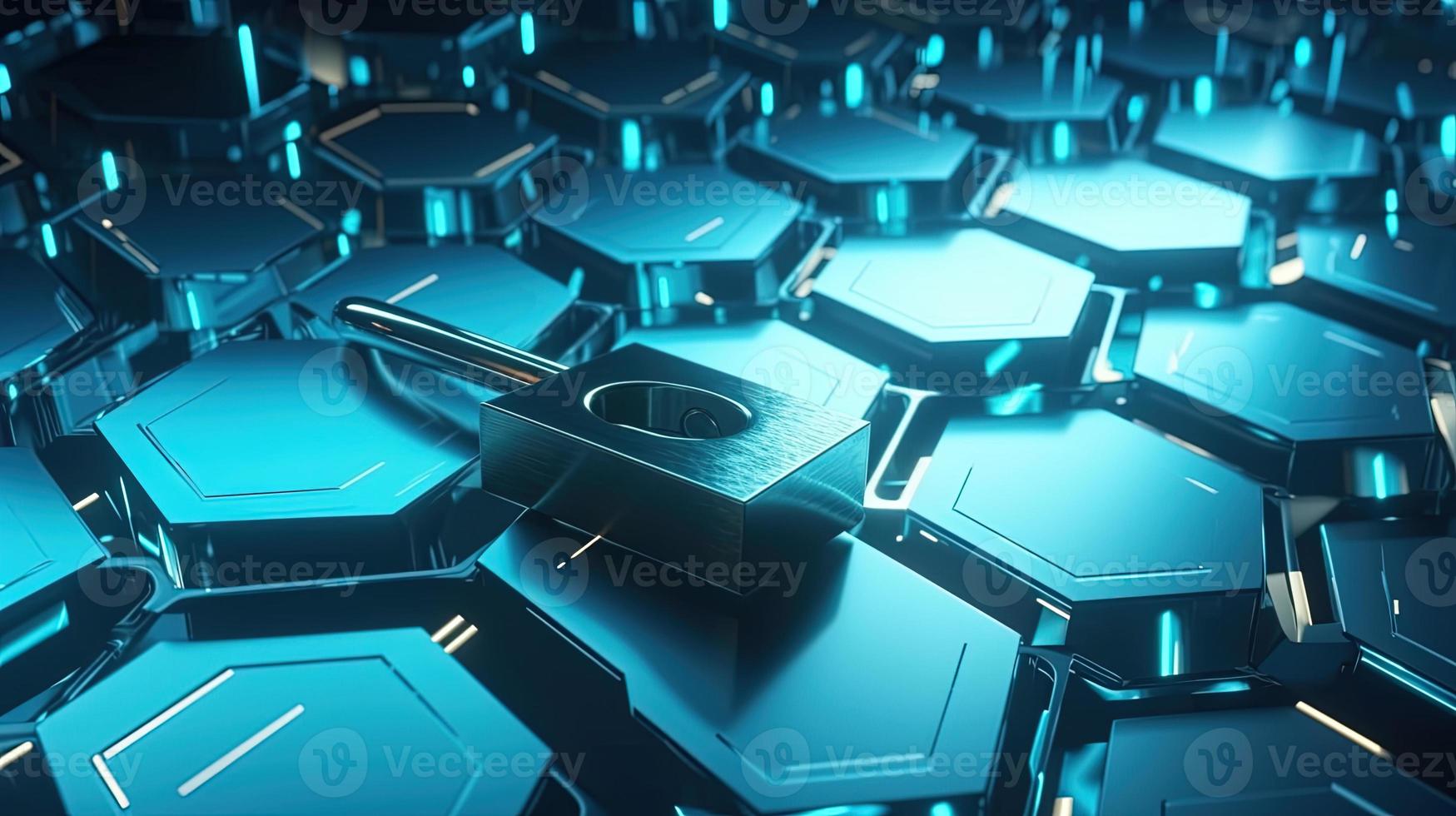Cyber security concept with closed padlock on hexagons background 3D rendering photo