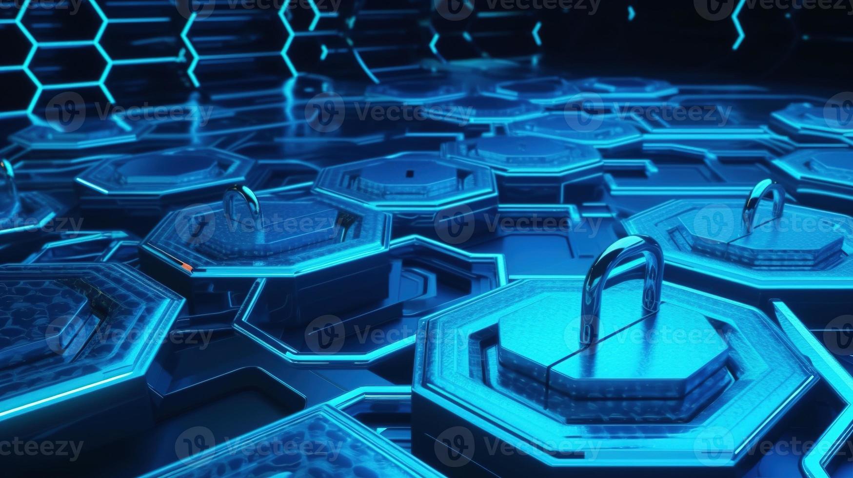 Cyber security concept with closed padlock on hexagons background 3D rendering photo