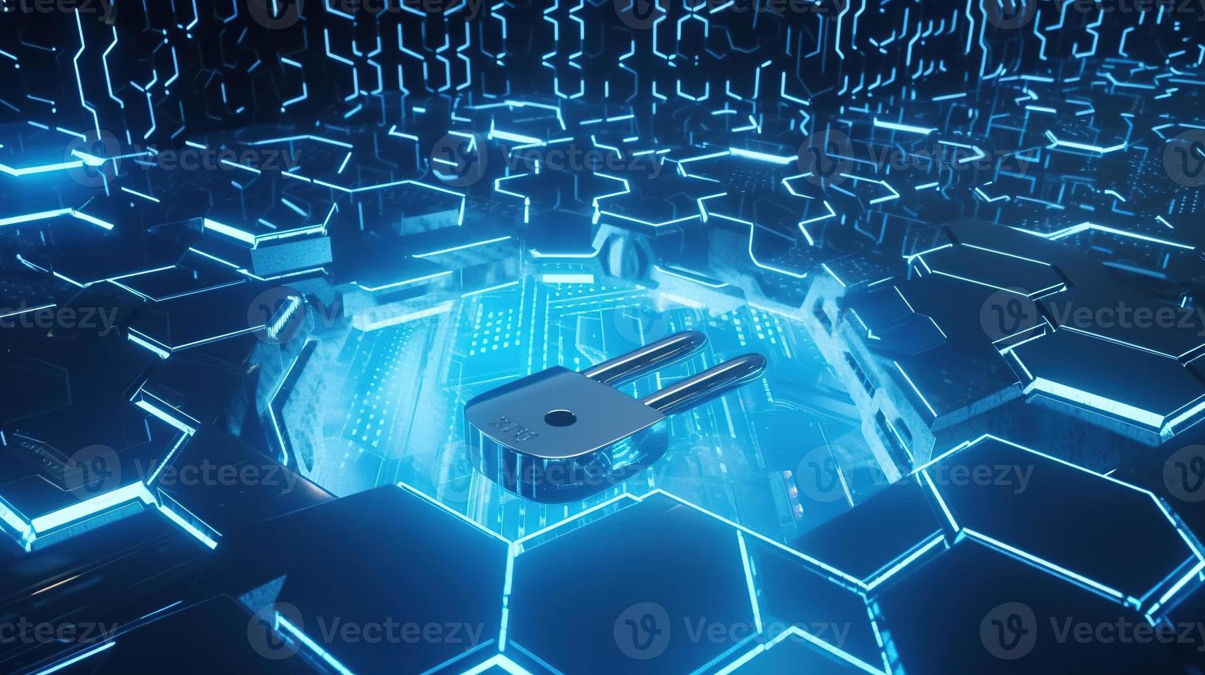 Cyber security concept with closed padlock on hexagons background 3D rendering photo
