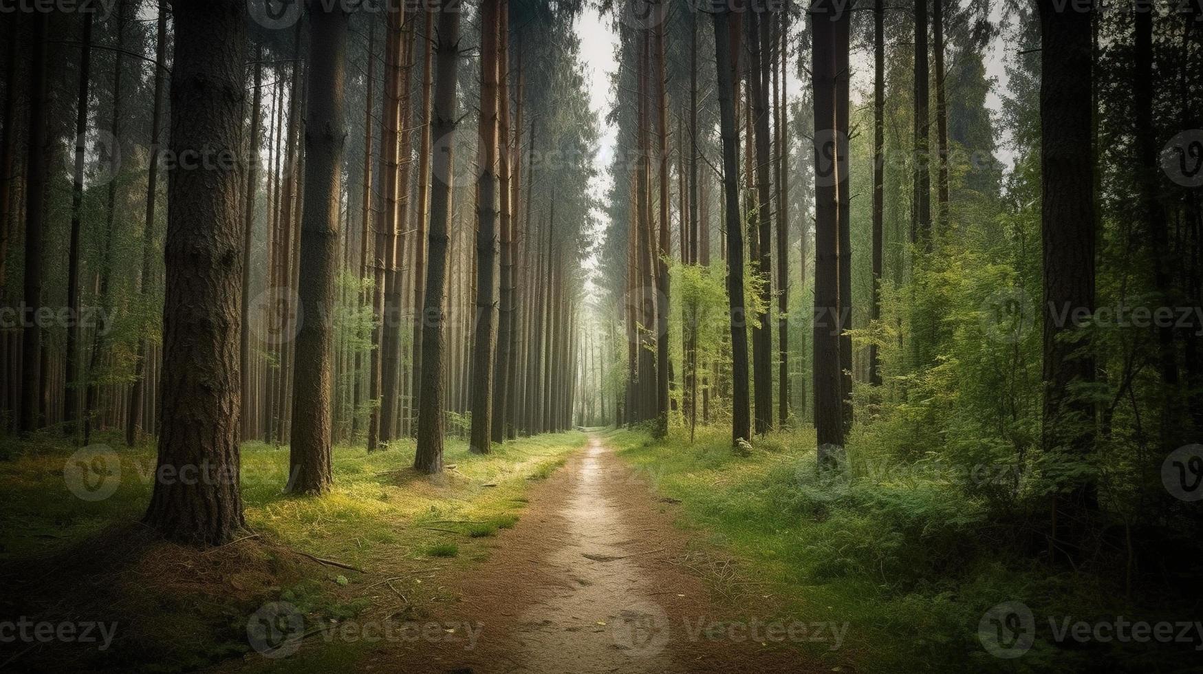 brumoso camino mediante el bosque ,atardecer en un oscuro bosque con rayos de ligero paso mediante el arboles foto