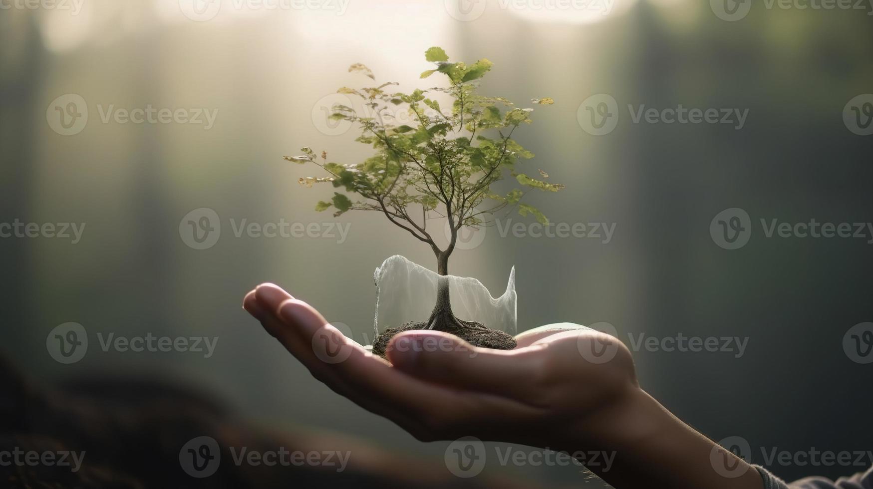 Artistic Hands Embrace Nature's Beauty Holding Tree Over Blurred Background photo