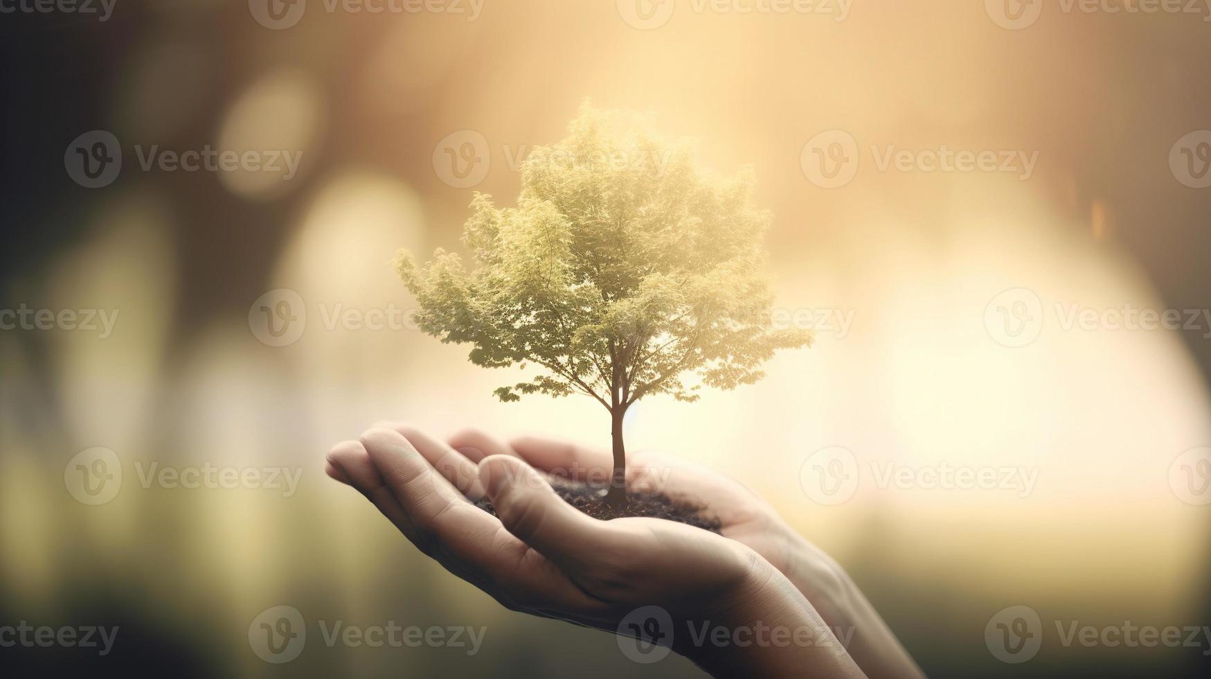 Artistic Hands Embrace Nature's Beauty Holding Tree Over Blurred Background photo