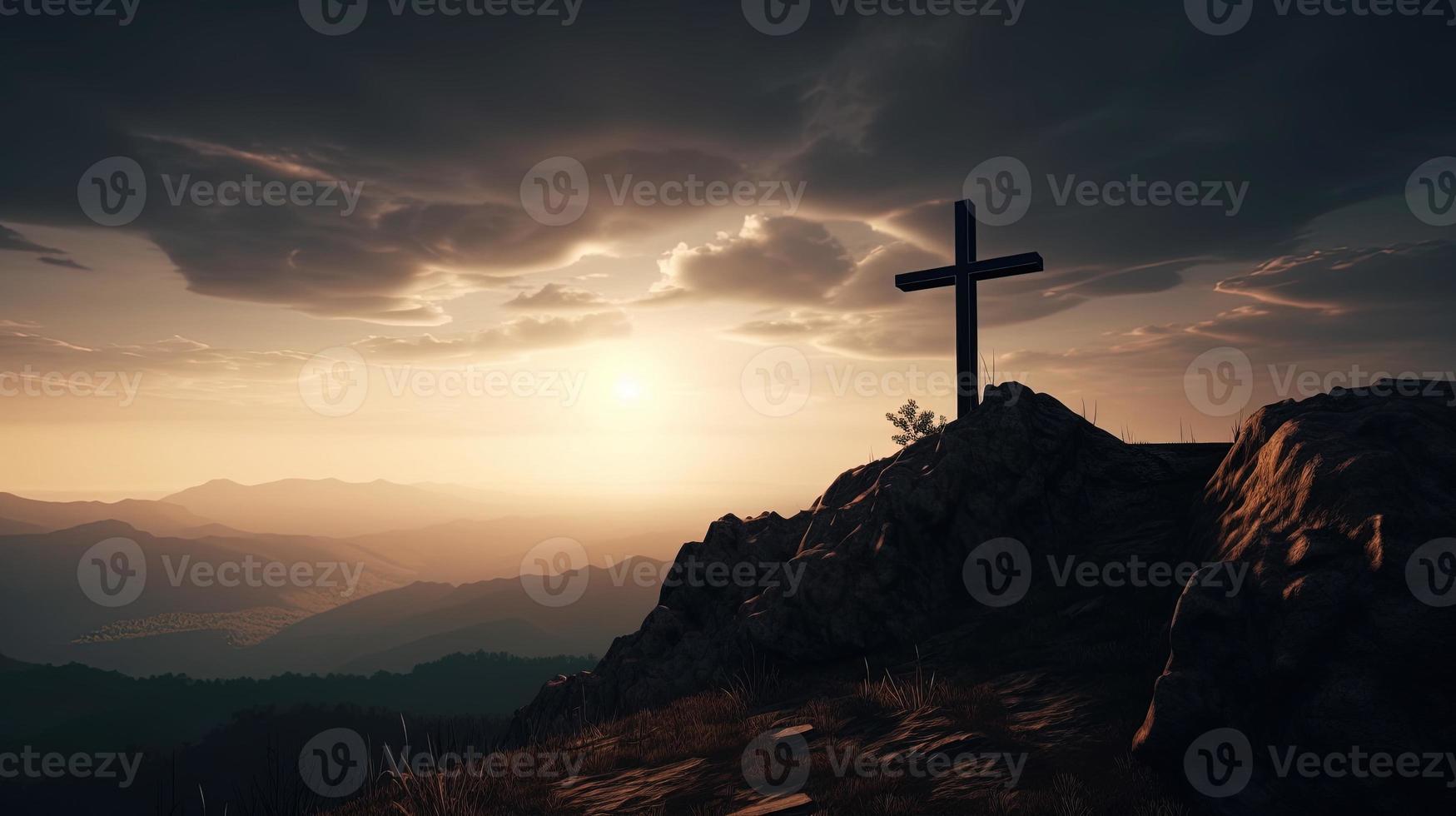 Mountain Majesty Artistic Silhouette of Crucifix Cross Against Sunset Sky photo