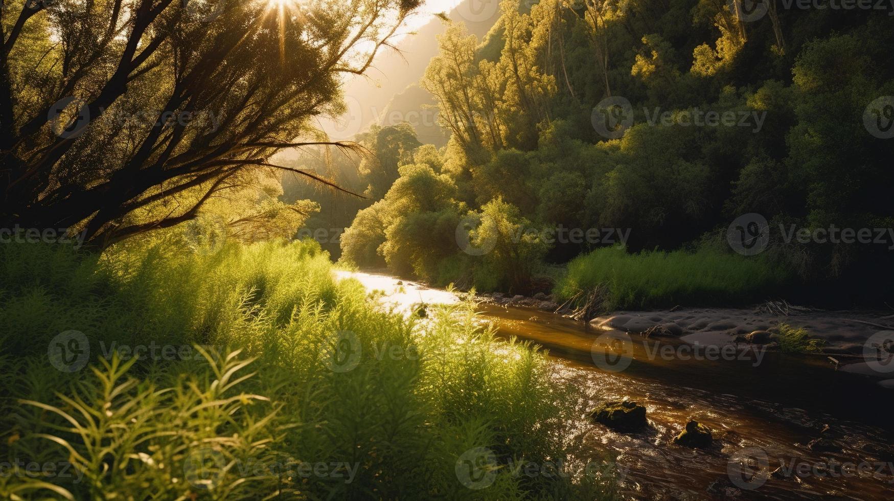 A peaceful forest clearing bathed in warm sunlight, surrounded by tall trees and lush foliage, with a gentle stream trickling through the undergrowth and a distant mountain range visible photo