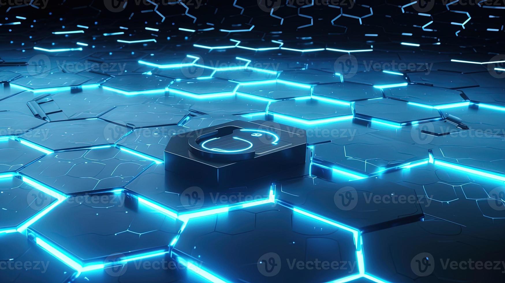 Cyber security concept with closed padlock on hexagons background 3D rendering photo