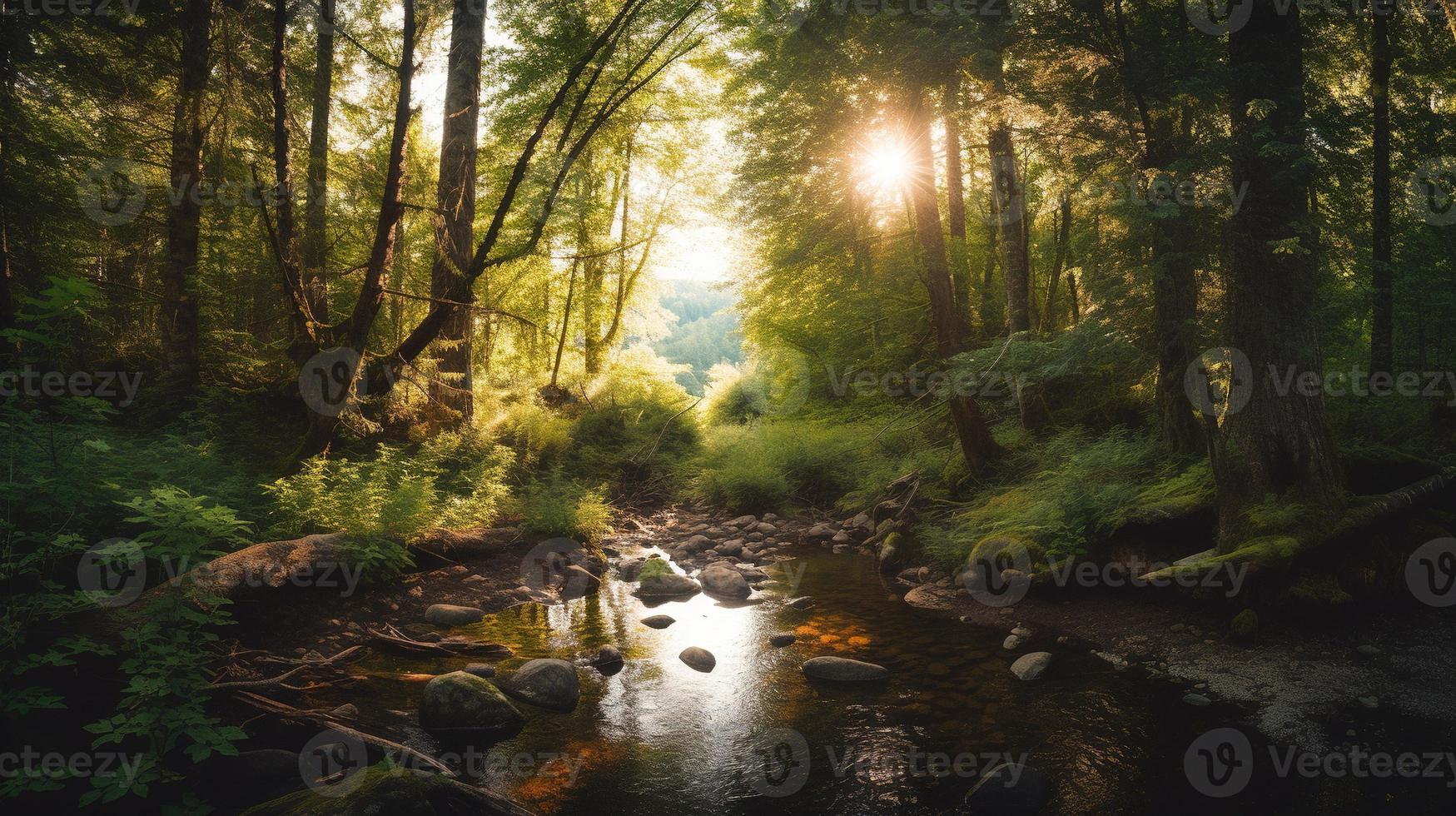 A peaceful forest clearing bathed in warm sunlight, surrounded by tall trees and lush foliage, with a gentle stream trickling through the undergrowth and a distant mountain range visible photo