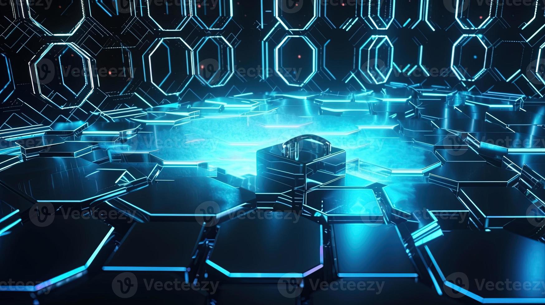 Cyber security concept with closed padlock on hexagons background 3D rendering photo