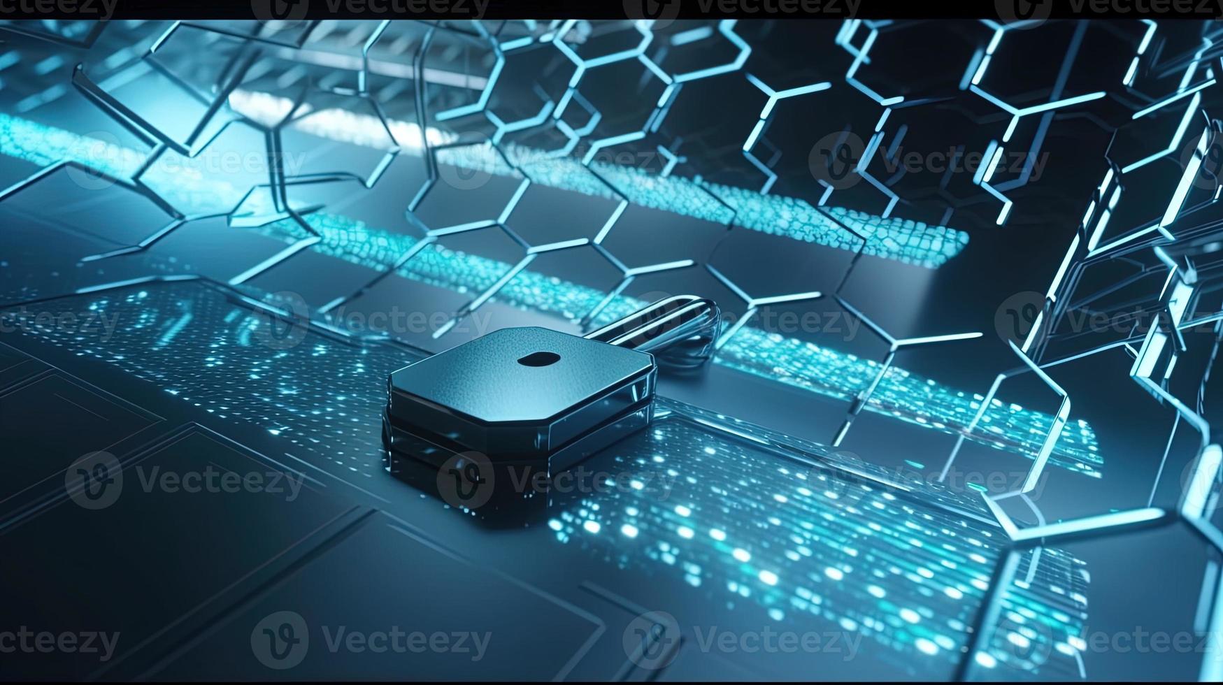 Cyber security concept with closed padlock on hexagons background 3D rendering photo