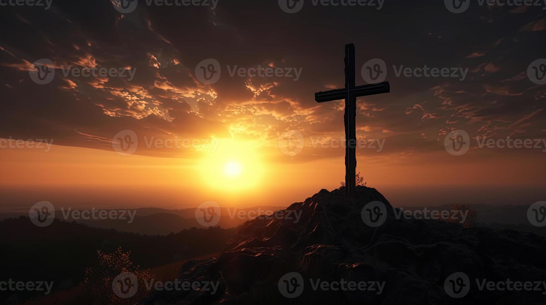 Mountain Majesty Artistic Silhouette of Crucifix Cross Against Sunset Sky photo