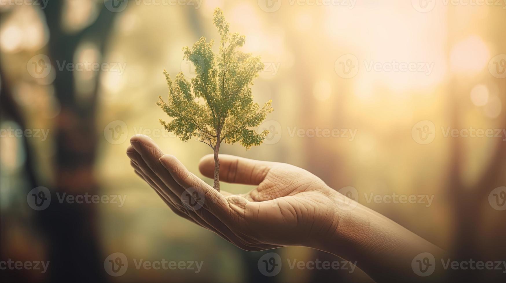 Artistic Hands Embrace Nature's Beauty Holding Tree Over Blurred Background photo