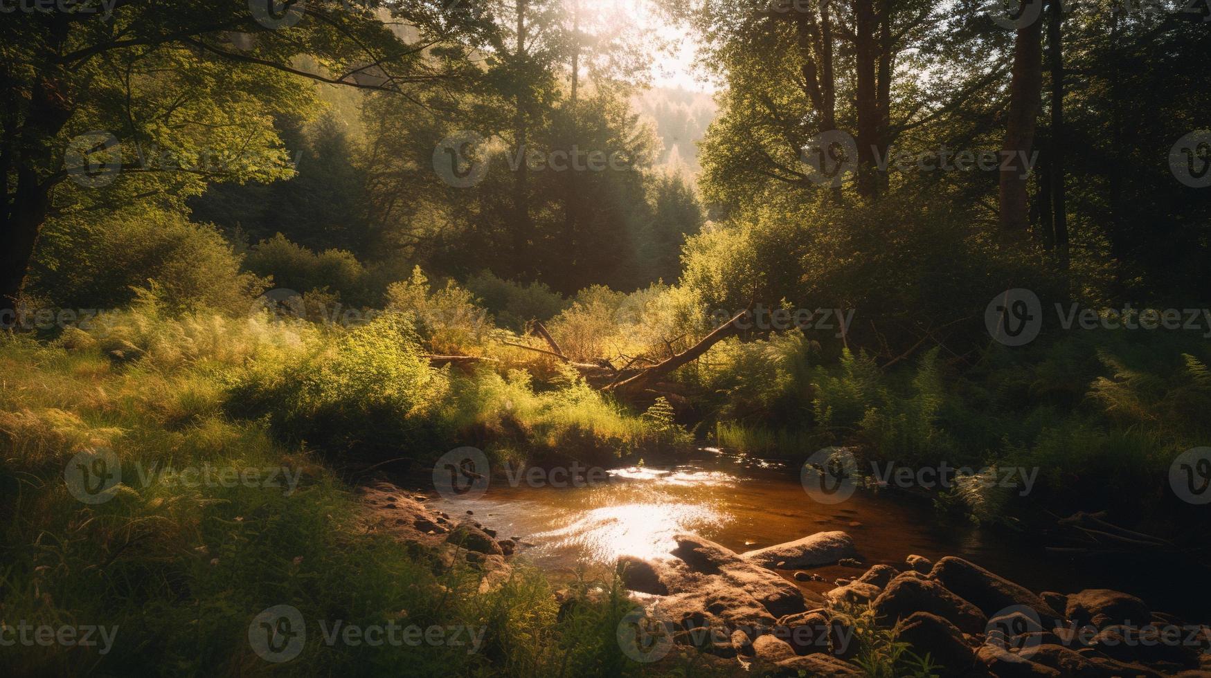 un pacífico bosque claro bañado en calentar luz de sol, rodeado por alto arboles y lozano follaje, con un amable corriente goteando mediante el maleza y un distante montaña rango visible foto